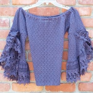 FREE PEOPLE Navy Blue Bell Sleeve Crochet Top